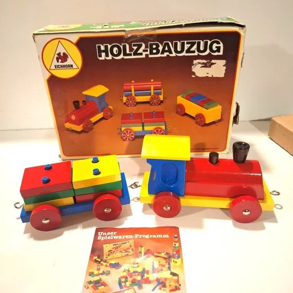 Eichhorn Holz-Bauzug Wooden Blocks Train Complete Set Original Box Vintage - Picture 3 of 12